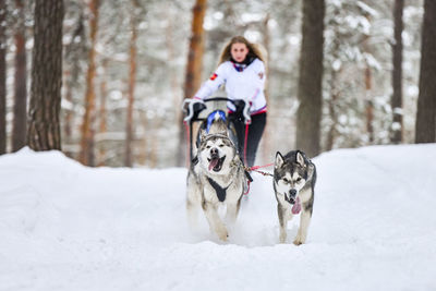 Woman with dog in snow