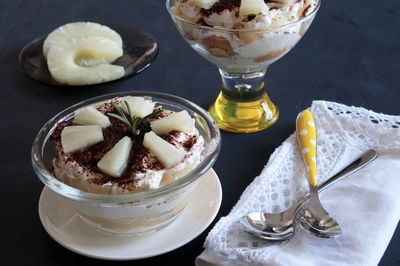 Close-up of dessert in glass on table