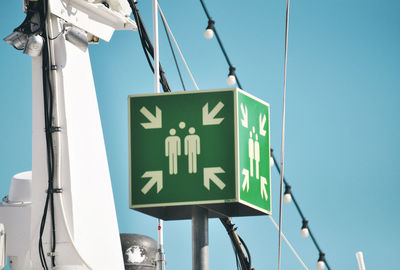 Low angle view of road sign against clear sky