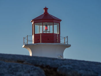 Low angle view of lighthouse against clear sky