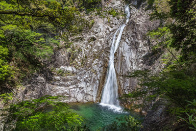 Scenic view of waterfall in forest against sky