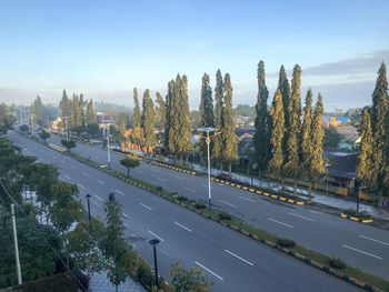 High angle view of city street against sky