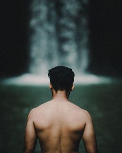 Rear view of shirtless man standing against water