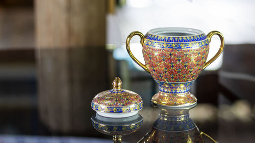 Close-up of drink served on table