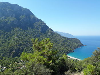 High angle view of bay against clear blue sky