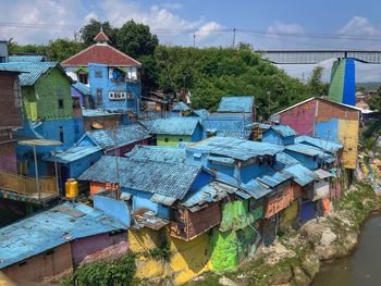 High angle view of buildings in city, blue village in malang, indonesia
