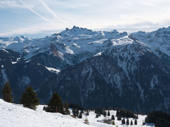 Scenic view of snowcapped mountains against sky