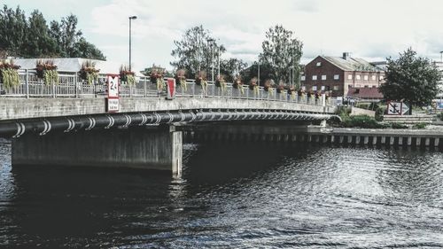 Bridge over river with buildings in background