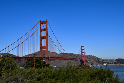 View of suspension bridge against clear blue sky