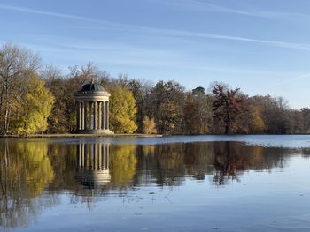 Built structure by lake against sky