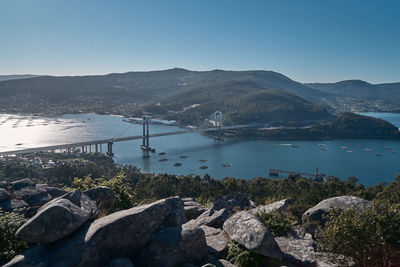 Scenic view of bay against clear sky