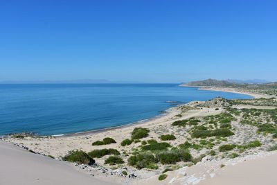 Scenic view of sea against clear blue sky