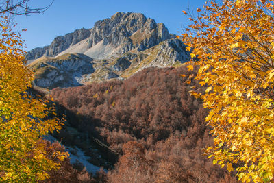 Scenic view of mountains against clear sky during autumn