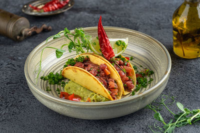 High angle view of food in bowl on table