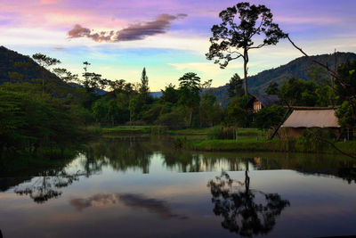 Scenic view of lake by trees against sky