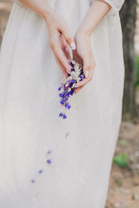 High angle view of woman hand holding white flowering plant