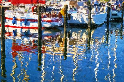 Full frame shot of reflection of buildings in water