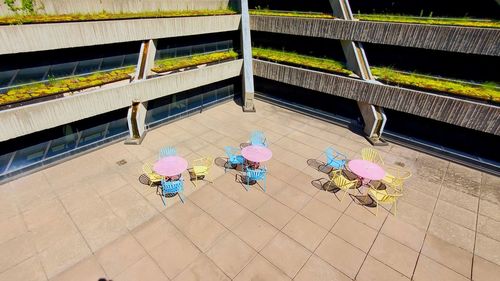 High angle view of people on tiled floor