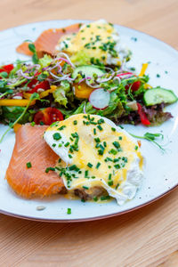 High angle view of breakfast served on table