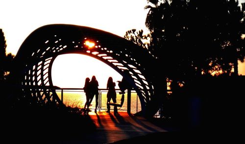 Rear view of silhouette people standing against illuminated sky during sunset