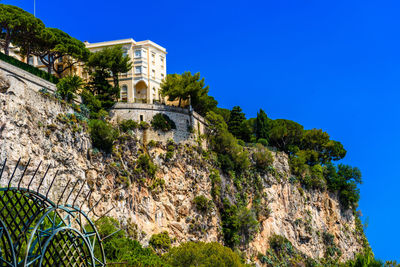 Low angle view of historic building against clear blue sky