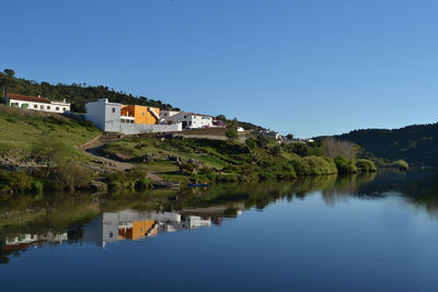 Reflection of houses in calm water
