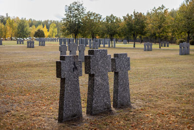 Stone tombstones in the german cemetery in the fall. beautiful german cemetery near kyiv.