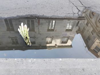 High angle view of buildings by wall