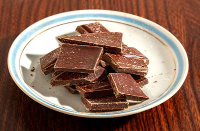 Pieces of chocolate on a saucer close up