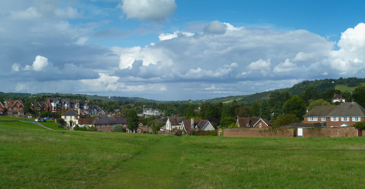 HOUSES BY FIELD AGAINST SKY