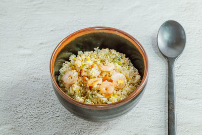 High angle view of food in bowl on table