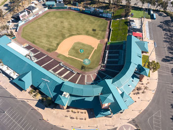 High angle view of swimming pool in city