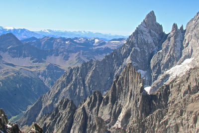 Panoramic view of snowcapped mountains against clear sky