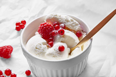 High angle view of strawberries in bowl