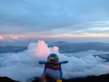 Man holding toy against sky during sunset