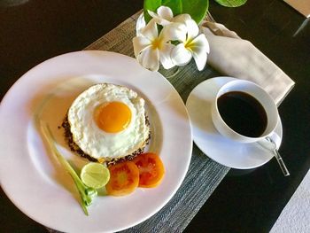 High angle view of breakfast served on table