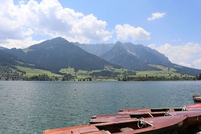 Scenic view of lake and mountains against sky