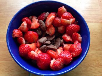 Directly above shot of strawberries in bowl on table