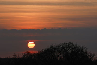 Scenic view of silhouette trees against romantic sky at sunset