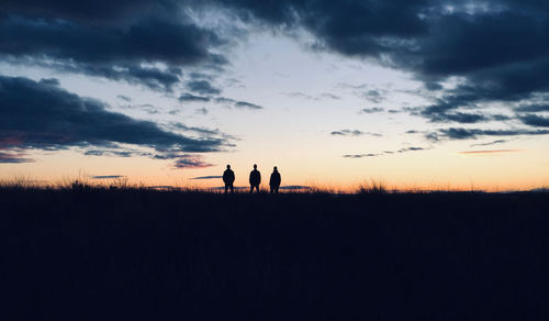 Silhouette people on field against sky during sunset