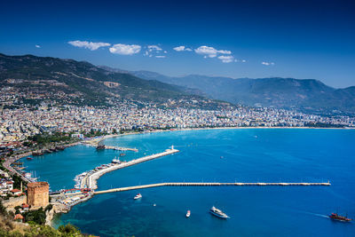 High angle view of sea and cityscape against sky