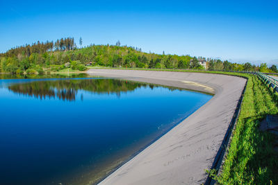 Scenic view of lake against clear blue sky