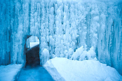 High angle view of snow covered cave