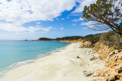Porto da ruxi and its turquoise water and white sand, a beautiful beach of solanas coast, sardinia