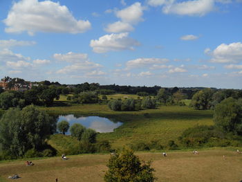 Scenic view of lake against cloudy sky