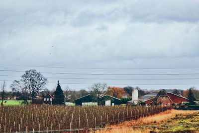 Houses on field against sky