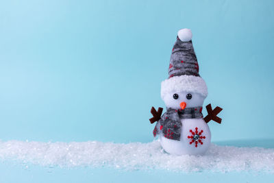 Close-up of snowman on snow