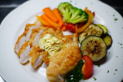 High angle view of breakfast served in plate