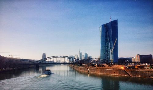 Bridge over river with city in background