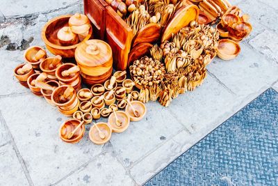 High angle view of wooden kitchen utensils for sale at market